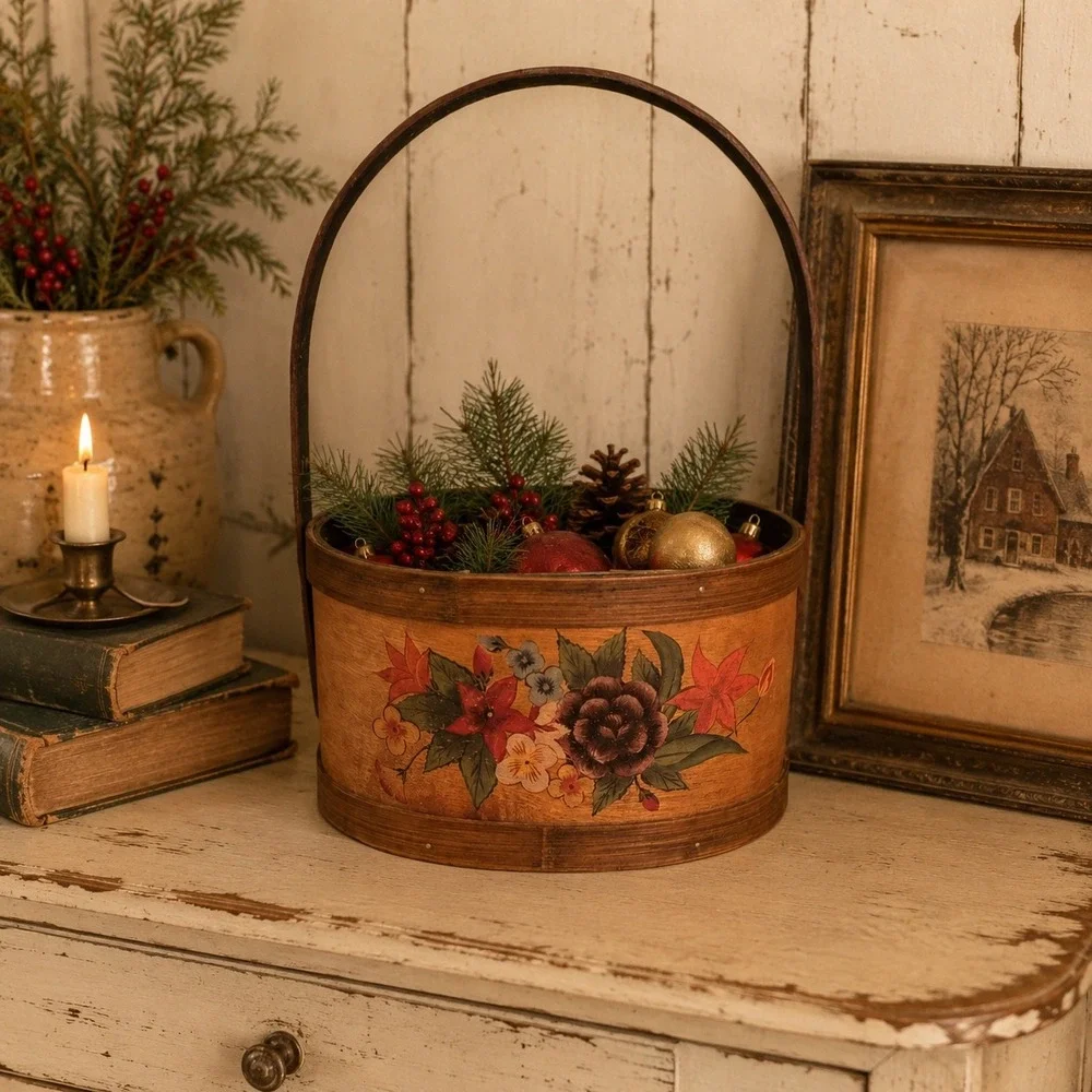 Vintage Hand Painted Floral Wooden Basket Woven Splint Farmhouse Decor 12.5x9x7